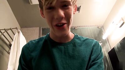 Tylers Cum Shooting Solo Bathroom Adventure: Big-Dicked Twink Pleasures Himself to a Stiffy and Blasts His Jizz!