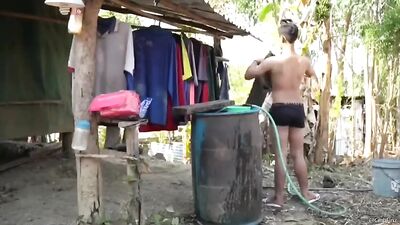 Gay Porn: Wells Latino Amateur Relief Showers Outside