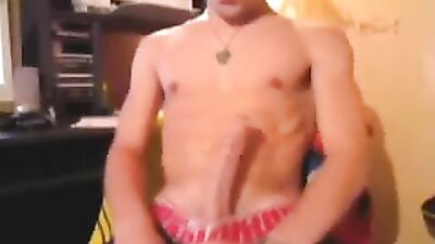 Jacking his huge cock on webcam - Gay solo cam show cumshot