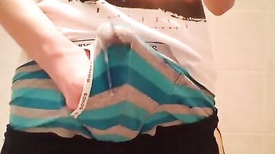 Teen boy shoots his load in boxer briefs - Cum oozing underwear delicious hot
