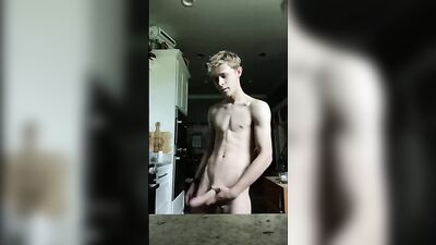 Cute fit blonde guy big cock kitchen jacks off