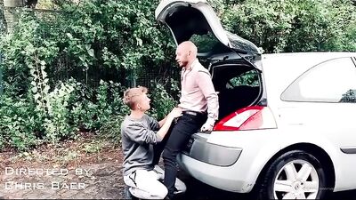 Daddys Boy in the Car: Hairy Bareback Cum and Piss Shots!