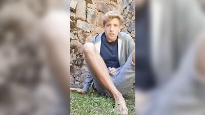 Blond Twink Jaden Cums Outside on the Wall Again!