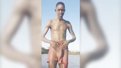 Black Twink Riverside Softcore Adventure: Selfie Bathing in Natures Beauty