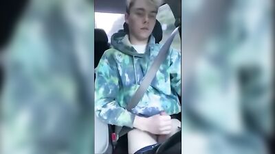 Cute Drivers Horny Selfie Solo: Amateur Blonde Boys Small Dick Play in the Rain!