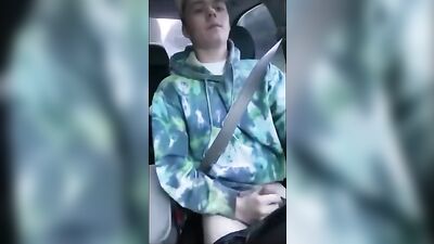 Cute Drivers Horny Selfie Solo: Amateur Blonde Boys Small Dick Play in the Rain!