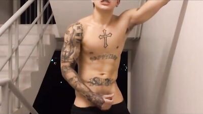 Thai Inked Muscle Boy Cums Shot in Public Webcam Selfie