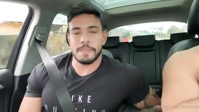 Stranger Rides Alejo Bareback in the Car for Cum Shots