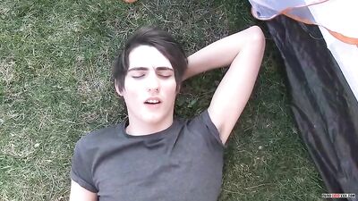 Camping in our own backyard: Bareback twinks blowjobs outside