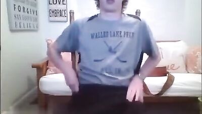 Big dick teen wacks off in the family room