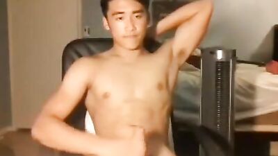 Young Asian Bodybuilder Cums on Chair in Webcam Show