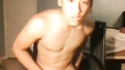 Young Asian Bodybuilder Cums on Chair in Webcam Show