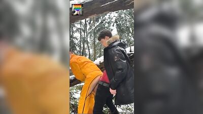 Bareback in The Cold Snow - Public Outside Twinks Cum Shots
