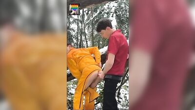 Bareback in The Cold Snow - Public Outside Twinks Cum Shots