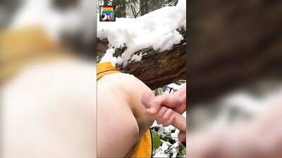 Bareback in The Cold Snow - Public Outside Twinks Cum Shots