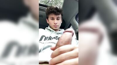 Jerking Off in His Car: Sexy Young Guys Cum Shot Surprise