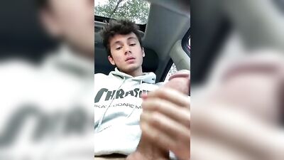 Jerking Off in His Car: Sexy Young Guys Cum Shot Surprise