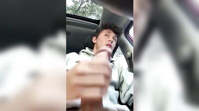 Jerking Off in His Car: Sexy Young Guys Cum Shot Surprise
