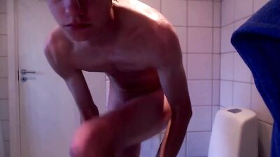 Cum in the Shower with Cute Blonde Curved Dick Guy!