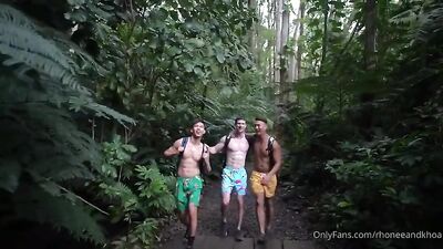 Asian Muscle Boys Make a Train in the Jungle with White Straight Threesome!