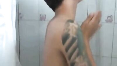 Asian Fetish: Tatooed Lad Showers and Wanks with Gay Boys