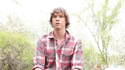 Gay Porn: Justin Lebeau Masturbates In The Woods And Cums On His Belly