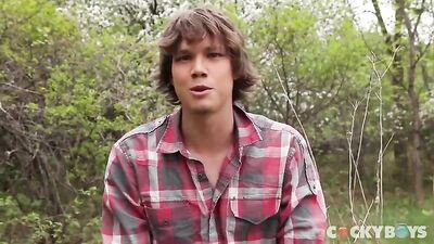 Gay Porn: Justin Lebeau Masturbates In The Woods And Cums On His Belly