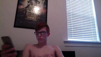 Gay Porn: Nerdy Ginger Boy Cums in the Bedroom