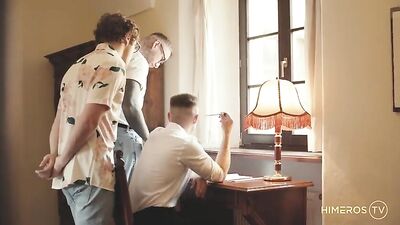 Gay Porn Frat Threesome: Bareback Big Cocks Cum Shots Action!