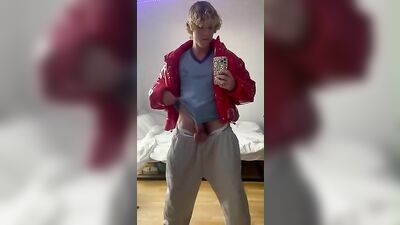 Cumming for Cute Blonde Red Jacket Guy: Amateur Solo Handsome Fitness Model