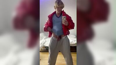 Cumming for Cute Blonde Red Jacket Guy: Amateur Solo Handsome Fitness Model