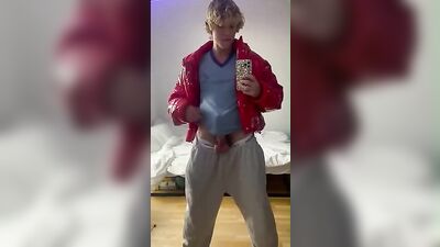 Cumming for Cute Blonde Red Jacket Guy: Amateur Solo Handsome Fitness Model