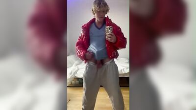 Cumming for Cute Blonde Red Jacket Guy: Amateur Solo Handsome Fitness Model