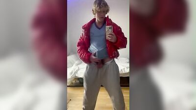 Cumming for Cute Blonde Red Jacket Guy: Amateur Solo Handsome Fitness Model