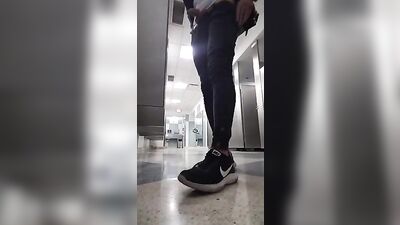 Down and Dirty Airport Bathroom Encounter - Jacking Off and Cumming with My Pants Down to My Ankles