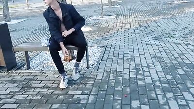 Young And Hungry - A Twink Cums Outside In The Streets