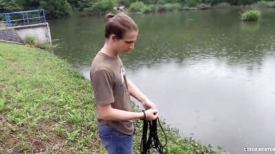 Paying a Lakeside Boy to Cum on Webcam: Bareback Amateur Handjob in Public