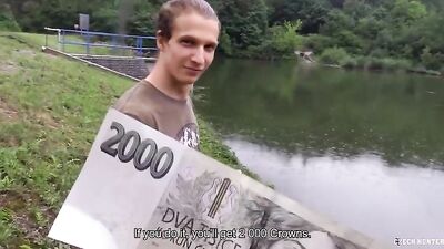 Paying a Lakeside Boy to Cum on Webcam: Bareback Amateur Handjob in Public