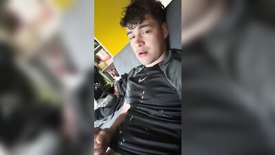 Straight Guy Cums on His Own Face While Wearing Nikes in the Bedroom