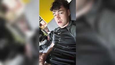 Straight Guy Cums on His Own Face While Wearing Nikes in the Bedroom