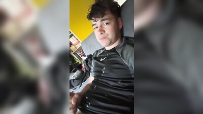 Straight Guy Cums on His Own Face While Wearing Nikes in the Bedroom