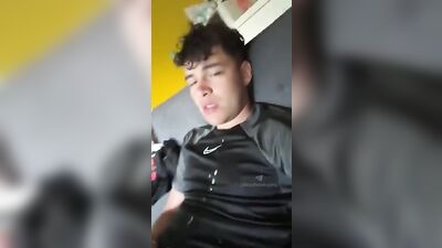 Straight Guy Cums on His Own Face While Wearing Nikes in the Bedroom