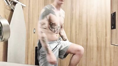 Gay Jock Gets Risky In The Locker Room Shower, Almost Caught Jacking Off In The Sauna