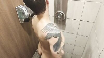 Gay Jock Gets Risky In The Locker Room Shower, Almost Caught Jacking Off In The Sauna