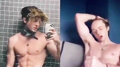 Two Handsome Muscular Blonde Amateurs Show Off Their Big Cocks in Public While Taking Selfies