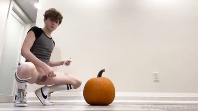 Young Man Cums On Pumpkin - Amateur Bareback Action and Cum Shots