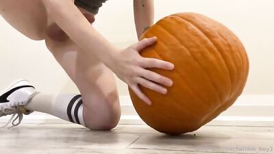 Young Man Cums On Pumpkin - Amateur Bareback Action and Cum Shots