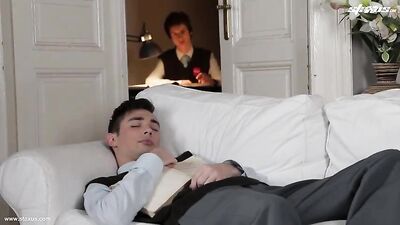 Sweet Buddies Go Down on Each Other, Get Tossed Off by a Stranger and Cum in the Bedroom - A Gay Romp with Wholesome Guys