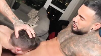 Two Dudes with Huge Schlongs Get It On with a Hotty in the Backyard