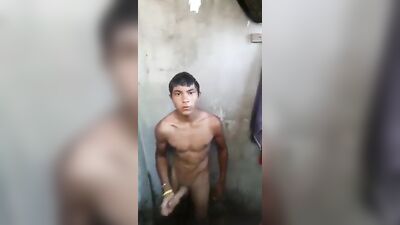 Latino Big Cock Cums on His Feet While Taking a Hand Job